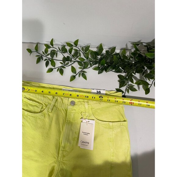 MNG Denim Straight Cropped High Waist Jeans Women Size 36 Bright Lime Green - Picture 13 of 16